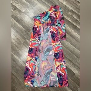 Swirl One sleeve Maxi Dress swim coverup open front Festival Gown